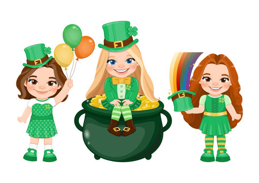 Little funny girls set in Irish costumes holding an Irish balloon, sitting in gold of pot and holding rainbow  leprechaun hat. St. Patrick s Day Vector