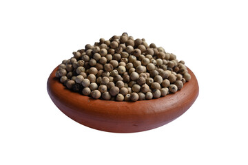 Side view of a clay pot filled with the white pepper seeds in isolated background