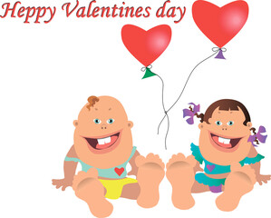 Happy Valentine's Day. Illustration with a boy and a girl with bare feet. Children smile. Heart-shaped balloons fly above them