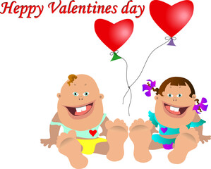 Happy Valentine's Day. Illustration with a boy and a girl with bare feet. Children smile. Heart-shaped balloons fly above them