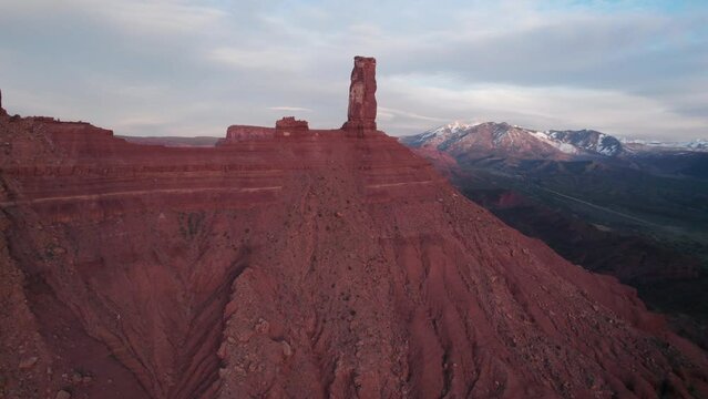 Drone Footage of Castleton Tower and the La Sal Mountains Aerial shot of the beautiful dessert landscape