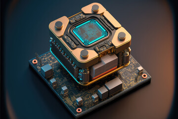Detailed isometric cpu processor with mini components and camera close up on the screen of a computer

Generate by Generative AI