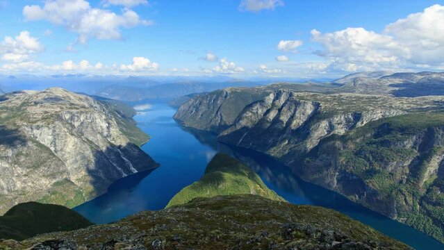 Timelapse from beautiful vantage point high above the fjord in Aurland, Norway