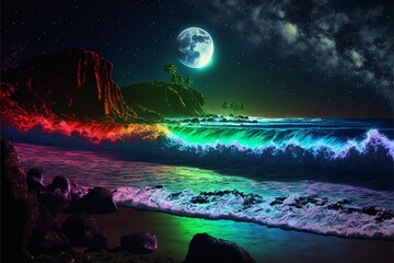 Beach at night with waves. Generative Ai.