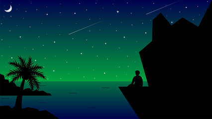 Vector illustration, desktop wallpaper. A young man sat on a large rock by the sea, looking at the moon and stars.

