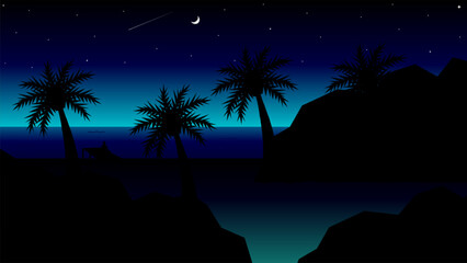 Vector illustration, desktop wallpaper. View of the beach with large boulders and coconut trees at night, illuminated by the blue light emerging from the sea.