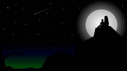 Vector illustration, desktop wallpaper. A couple in love sees a shooting star at night with the moonlight illuminating it.

