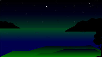Vector illustration, desktop wallpaper. View of a lonely ocean at night with small islands on either side.