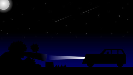 Vector illustration, desktop wallpaper. The car stopped in front of a fallen tree amidst the moon and stars at night.