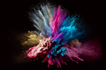 A dynamic and visually striking image of a burst of vibrant colored powder, captured in mid-air. Perfect for use in designs related to celebration, festivals, and energy. Generative AI