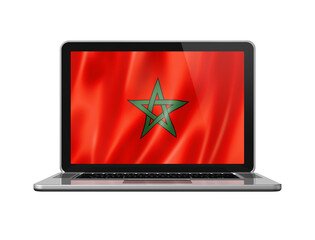 Moroccan flag on laptop screen isolated on white. 3D illustration