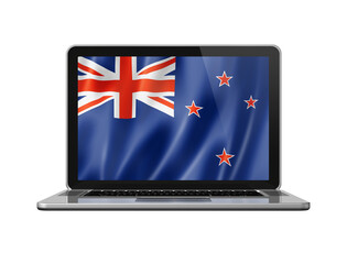 New Zealand flag on laptop screen isolated on white. 3D illustration
