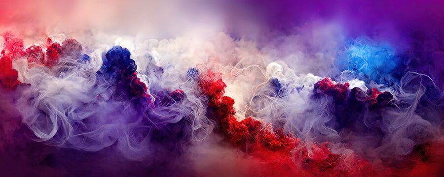 Dramatic smoke and fog in contrasting vivid red, blue, and purple colors. Vivid and intense abstract background or wallpaper. © akazu