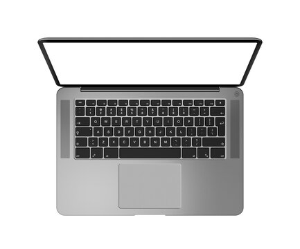 Open laptop top view with blank screen, isolated on transparent background. Dark silver. 3D render