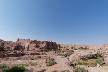 Panoramic view of the old fort of the ancient city of Keshit in Dasht-e Lut Desert, Kerman Province, Iran