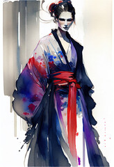 Illustration of beautiful woman in traditional Japanese clothes, kimono, generative ai, ai 
