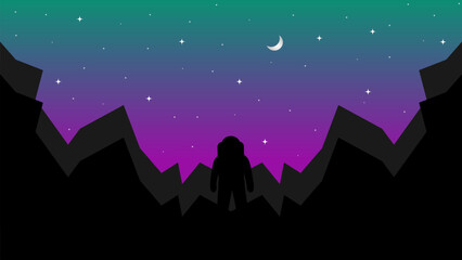 Vector illustration, desktop wallpaper. An astronaut standing in the middle of a space rock with the moon and stars behind him.
