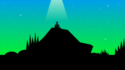 Vector illustration, desktop wallpaper. The light appears above a young man who sits on a large rock with grass around it at night.