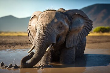 Close up of an Elephant having a mud bath. Generated by AI.