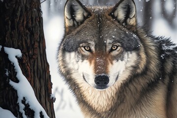 Fototapeta premium Portrait of a majestic wolf in snow. Generated by AI. 