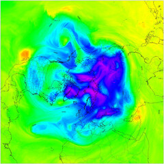 Fototapeta na wymiar Mapa polar mostrando rangos temperaturas El mapa proporciona una representación visual de las condiciones climáticas de la tierra.