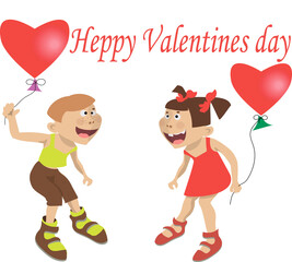 Happy Valentine's Day. Illustration. Small, funny, funny boy and girl with heart shaped balloons. Children laugh and rejoice. . Cartoon