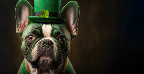 Cute Dog with Green St. Patrick's Day Hat on blurred colored background. Generative AI - obrazy, fototapety, plakaty