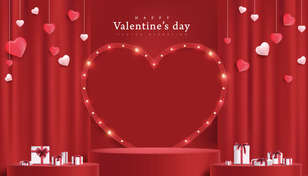 Valentine's day sale banner background with red stage product display cylindrical shape and Retro light bulbs heart shape sign background