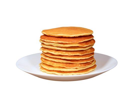 Stack of delectable homemade plain pancakes isolated on transparent backdrop, PNG file
