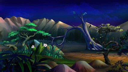 Oasis plants in desert area at night illustration. © multipedia