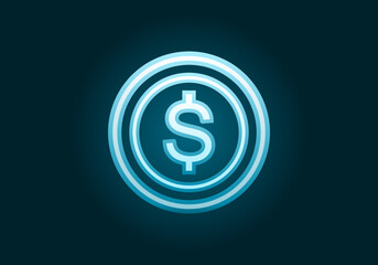 Blue dollar coin money financial neon light glowing on dark blue background icon vector design.