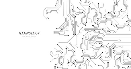 Black circuit diagram on white background. High-tech circuit board connection system.Vector abstract technology on white background. - obrazy, fototapety, plakaty