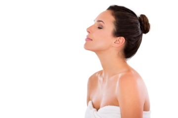 Side view of a beautiful, serene woman feeling fresh after a spa Isolated on a PNG background.