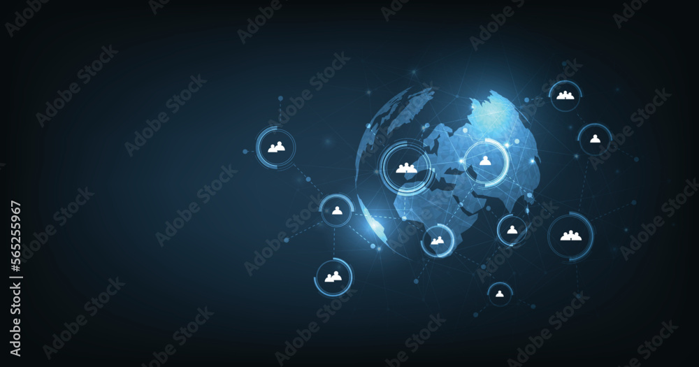 Poster communication and social media network concept.social media network and remote work hologram on dark