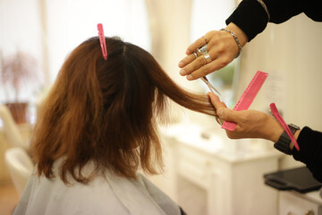 Fototapeta premium 女性の髪を切る男性美容師