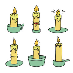 Burning candle set. Doodle illustration. Hand drawn clipart for card, logo, design