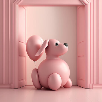 3D render of a small pink balloon dog in a light pink room