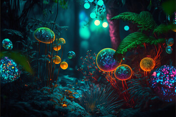 Fototapeta na wymiar Exploring a Neon 3D Jungle: An AI-Generated Adventure of Colorful Reflections and Exotic Wildlife