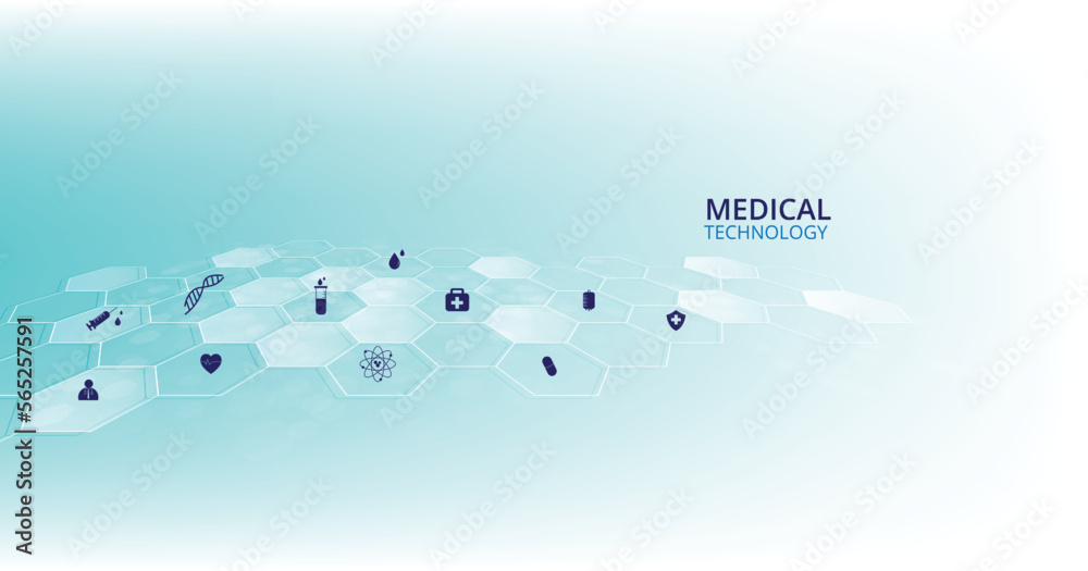 Poster medical background vector design. healthcare and science icon on blue hexagon pattern background.vec