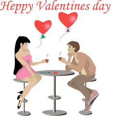 Happy Valentine's Day. Illustration. A guy and a girl in love are relaxing in a coffee shop. They drink fragrant, hot coffee. Heart-shaped balloons fly above them