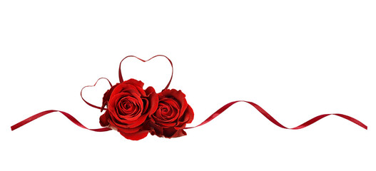 Red silk ribbon hearts and waves with rose flowers isolated on white or tranparent background for...