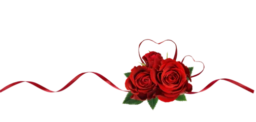 Deurstickers Red silk ribbon hearts and waves with rose flowers isolated on white or transparent background for Valentine's day © Ortis