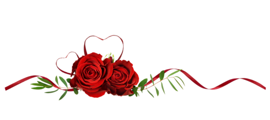 Red silk ribbon hearts and waves with rose flowers ans green leaves isolated on white or transparent background for Valentine's day