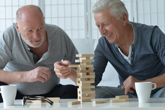 Two old men sitting at table and playing with wooden blocks