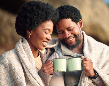 Relax, Toast And Camping With Black Couple And Coffee For Wake Up, Hiking And Sunrise. Nature, Calm And Adventure With Man And Woman And Blanket In Nature For Trekking, Mountaineering And Discovery