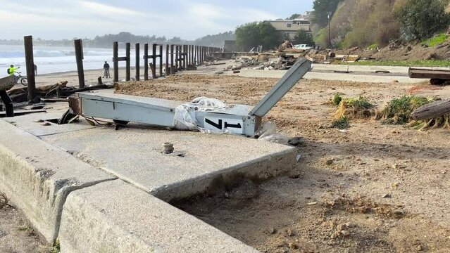 Capitola Wharf bomb cyclone catastrophe, storm damaged coastal debris, Santa Cruz county