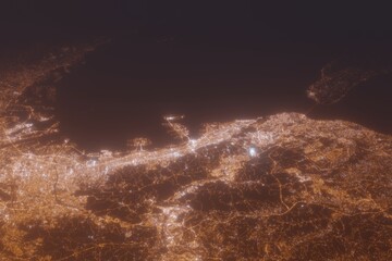 Aerial shot of Kobe (Japan) at night, view from north. Imitation of satellite view on modern city with street lights and glow effect. 3d render