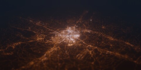 Street lights map of Zaragoza (Spain) with tilt-shift effect, view from south. Imitation of macro shot with blurred background. 3d render, selective focus