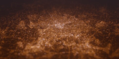 Street lights map of Sheffield (UK, England) with tilt-shift effect, view from east. Imitation of macro shot with blurred background. 3d render, selective focus