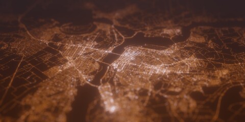 Street lights map of Dnipro (Ukraine) with tilt-shift effect, view from west. Imitation of macro shot with blurred background. 3d render, selective focus